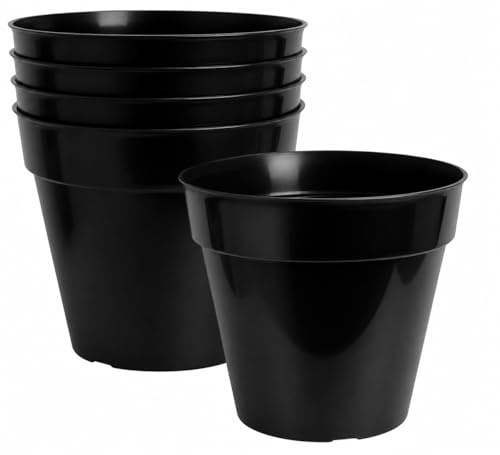 Muddy Hands Pack of 5-26 Litre Large Black Plant Pots Heavy Duty Plastic Garden Planters with Drainage Holes Outdoor Plant Pot Containers for Flowers, Shrubs & Small Trees Patio Balcony Use