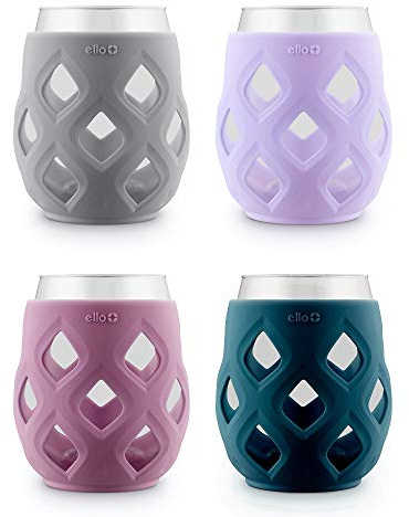 Ello Cru 17oz Stemless Wine Glass Set with Protective Silicone Sleeves, 4 Pack Cocktail Glass Perfect for Summer Patios and Parties Holiday Gifting Her Him Mother's Day, Dishwasher Safe, Cosmos