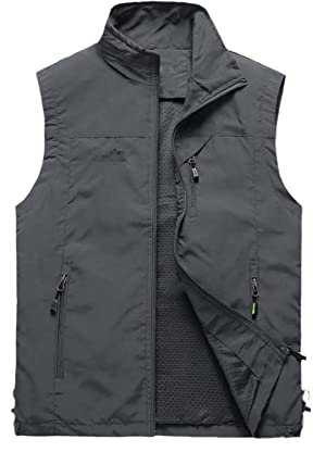 Mann dünne lässige Wasitcoat, Weste mit vielen Taschen, Sommer Reißverschluss Regelmäßige Weste, dunkelgrau, XXXL