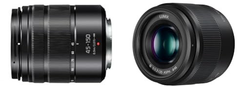 Panasonic Lumix 45-150mm F4.0-5.6 | Objectif Téléphoto H-FS45150EKA (Zoom Puissant, Stabilisé, equiv. 35mm : 90-300mm) Noir & Lumix 25mm F1.7 | Objectif à focale Fixe H-H025E-K, Noir