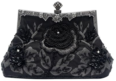 CORIOS Vintage 1920s Beaded Evening Bag Pearl Clutch Bag for Women Sequin Handbag Bridal Wedding Purse Exquisite Handmade Embroidery Floral Shoulder Bag Glitter Crossbody Bag for Prom Party Black