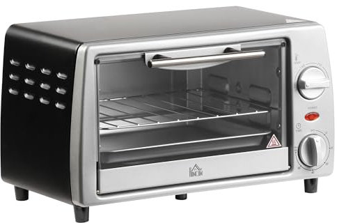 HOMCOM Mini Backofen 10 L 750W 100-230℃ 60 Min. Timer mit Backblech, Grillrost und Herausnehmbarer Bodenschale, Pizza-Ofen Silber