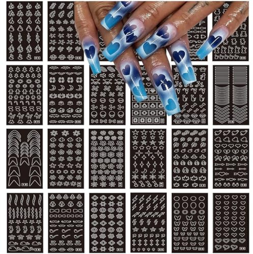 Airbrush Stencils Nail Stickers for Nails, 24 Sheets Heart Butterfly Flower Moon Stars Hollow French Art Sticker Decals Printing Templates Stencil Tool Manicure Tips DIY Decorations (24)