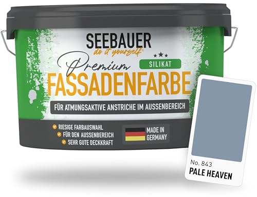 SEEBAUER diy Silikat-Fassadenfarbe Blau 2,5L für Außen (No. 843 Pale Heaven) Atmungsaktive Mineralfarbe für Fassaden - Geeignet für Putz, Mauerwerk und Beton