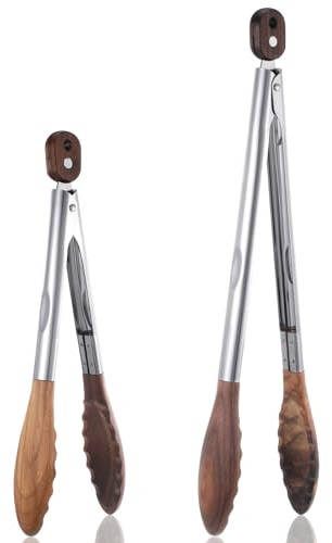 12 & 15 Inch Long Wooden Tongs for Cooking & Serving Food, Kitchen Stainless Steel Salad Tongs with Walnut Wood Tip, Smooth Locking & Hanging Cooking Utensils Set, Non-Slip, Heat Resistant, Pull Lock