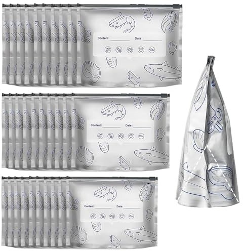 3 Sizes Re-sealable Foil Bags, 30 pcs Aluminium Foil Cooler Pouches for Food Storage, Sealable Food Bags with Label and Zip Lock for Meal Prep, Picnic, Freezing, Travel Snacks (S+M+L)