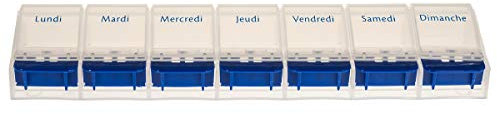 Vanlo Pilulier 7 compartiments pour une semaine en blanc/bleu avec ouvre-boîte, boîte à pilules, boîte à médicaments - français