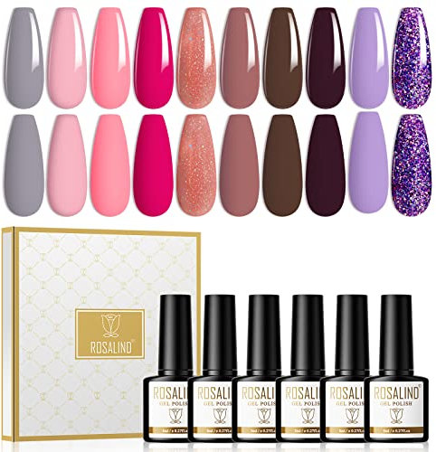 ROSALIND UV Gel Nagellack Set Rosa Grau Violett Braun Glitzer Violett Shellac Nagellack 10 Farben 8ml UV LED Nail Polish Geeignet Für Nailart-Anfänger, Nagelstudios