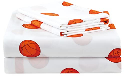 Chezmoi Collection 3-Piece Kids/Teens Sports Sheet Set - Soft Microfiber White Orange Basketball, Twin Size