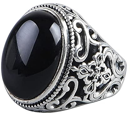 AMDXD Sterling 925 Silber Ringe, Mantra Blumen Silber Ringe Jungen für Herren, Gothic Ring mit Stein Schwarz Oval Form, Verstellbar, Silber, Echt Silber Schmuck