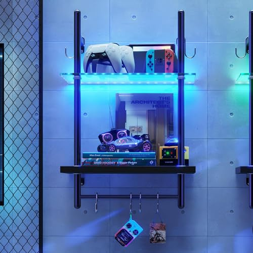 Bestier LED Gaming Floating Shelves for Wall, 15 Wall Mounted Shelf Pipe Glass Shelves, 2 Tier Hanging Display Rack with 6 S-Hooks Towel Bar, Gaming Room Decor Shelf, Carbon Fiber Black