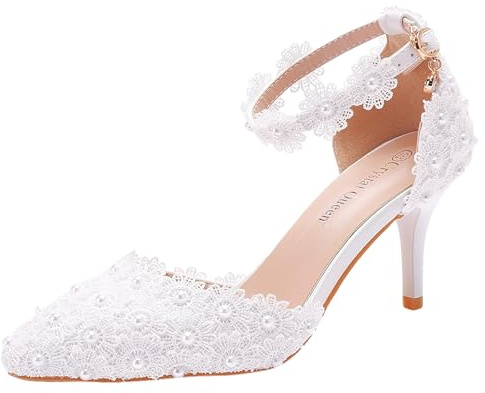 Jamron Donna Elegante Tacco a Spillo Décolleté a Punta con Cinturino alla Caviglia Pizzo Perle Scarpe da Sposa Bianco SN0703212-1 EU39.5