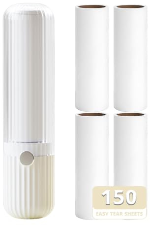 Sgdazo Compact Lint Roller with 150 Sheets - Portable Pet Hair Remover for Clothes, Furniture, and Travel Essentials Household Use, 1 Handle+5 Roller Refills (White) | Mini Size & Easy Carry, Portable, Protective Cover, Multi-Surface Pet Hair Removal for Clothes, Home & Travel Ready