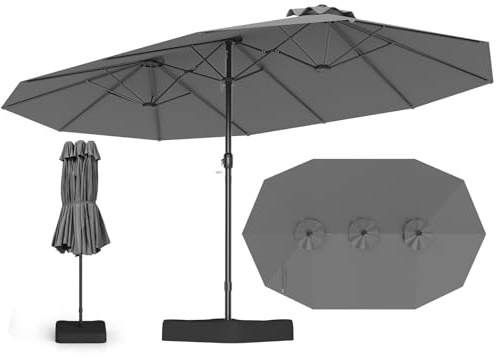 COSTWAY Parasol de Jardin Exterieur avec Pied, Parasol Double Face 4 M Rectangulaire pour 6-8 Personnes avec 2 Sacs de Sable, Manivelle, Ventilation, pour Terrasse, Patio, Piscine, Balcon, Gris