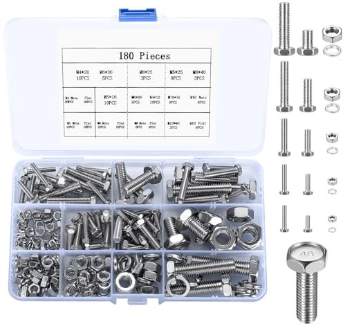 Set di bulloni e dadi esagonali con rondelle, set combinato di bulloni e viti per macchina da 180 pezzi con dadi esagonali e rondelle, sistema metrico M4/M5/M6/M8/M10