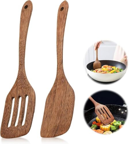 2 stycken stekspade trä (30 cm), träspatel, matlagning, spatel, träspatel, träskrapa, stekspade set, med långt handtag och slitssvarvare, köksredskap