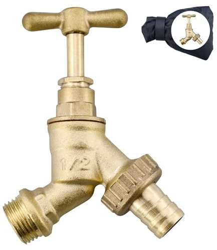 Rubinetto da giardino per esterni con raccordo a gomito da 1,27 cm, con piastra a parete a compressione, tubo in rame da 15 mm (con copertura per rubinetto)
