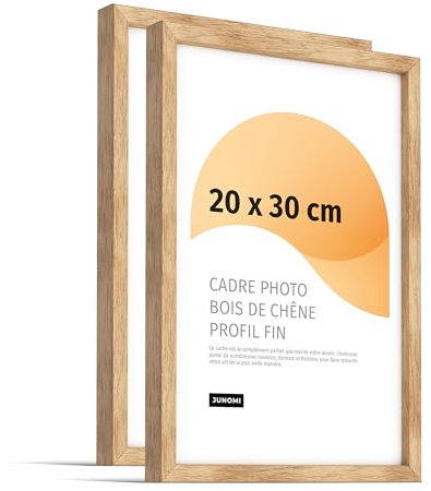 JUNOMI® Lot de 2 cadres photo, 20 x 30 cm, en chêne avec verre acrylique incassable, suspension verticale et horizontale, pose de table, profil étroit