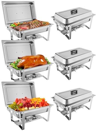 Chafing Dish Buffet Set, 6 Pack 9L Warming Containers with Lid & Water Pan, Safe Rolled Edge Stainless Steel Food Warmer for Party, Catering Buffet, Dinner, Banquets, Camping