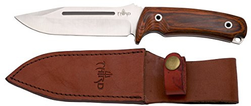 THIRD Cuchillo de Caza H0182W con Hoja de Acero de 13,2 cm, Mango de pakkawood. Incluye Funda de Piel.