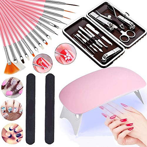 Kit de herramientas de acrílico para uñas profesionales que incluye 12 cortaúñas, 15 brochas de uñas, 1 secador de lámpara de uñas LED UV, 2 limas de uñas Kit completo para el cuidado de uñas