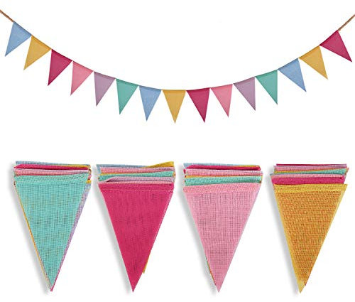 Crislove 60pcs Guirnalda Banderas Banderines Arpillera de Imitación Pancarta Triángulo Decoración Colgante de Boda Bautizo Fiesta Cumpleaños Navidad (4 Cadenas * 15 Banderas)