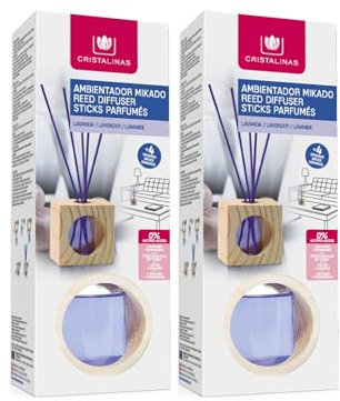 CRISTALINAS | Pack 2 Ambientador Hogar Mikado Cubo de Madera | Aroma Lavanda| 100% Puro | Larga Duración 4 Semanas | 2x30ml | 0% Alcohol