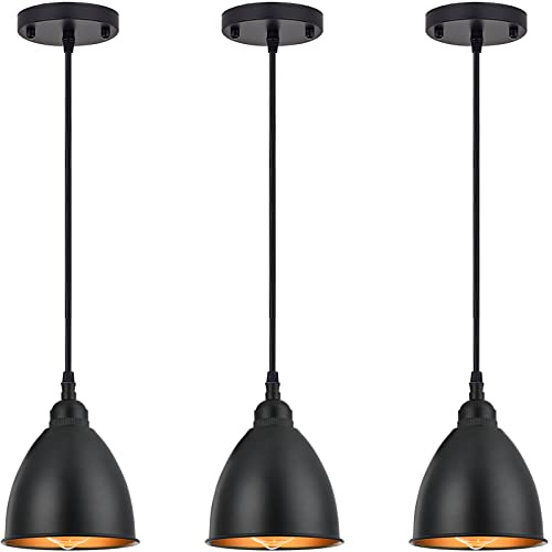 TERLEENART 3 Pack Industrial Farmhouse Ceiling Hanging Pendant Light Fixtures with Matt Black Metal Bell Shade Build-in Golden,for Kitchen Island Dinning Room Bedroom Living Room Entryway Loft Foyer