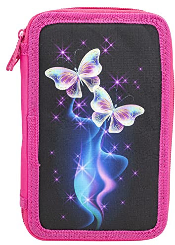Idena 20125 - Federmappe Triple mit 3 Reißverschluss-Fächern, Design Schmetterling, gefülltes Federmäppchen mit 47 Teilen, Rosa