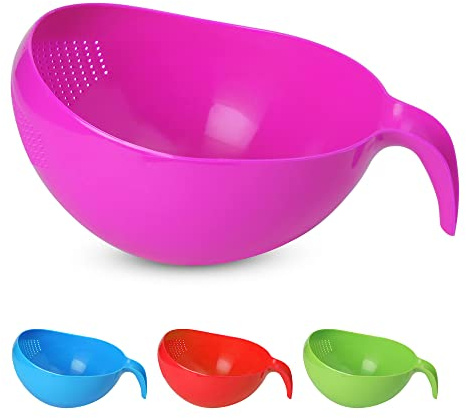 KSJONE Passoire à riz robuste avec poignée pour nettoyer les fruits, légumes et haricots 2,1 Qt (2 L) (rose)