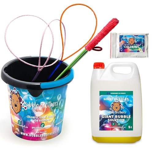 Bubble Brothers Riesenseifenblasen Set für Kinder 6 Teiliges 3 Seifenblasenstäbe 10 Liter (5+5) Seifenblasenflüssigkeit und Bubble Eimer Seifenblasen Set für Kindergeburtstag Hochzeit Seifenblasenstab