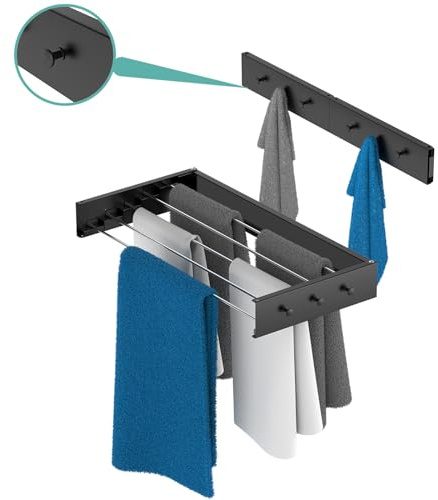 delemopure Wäscheständer Wandmontage 80 cm Metall Wäschetrockner Wand Wand mit Extra Kleiderhaken Wandtrockner Ausziehbar für Indoor & Outdoor，Kleine Häuser, Hotels, Wohnungen, Balkone