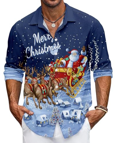 Mens Christmas Shirt Xmas Holiday Party Dress Shirts Long Sleeve Snow Print Christmas Tree Shirt