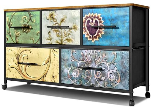 MYGIIVOVO Chest of Drawers, Dresser for Bedroom with 5 Fabric Drawers, TV Stand with 4 Castors, Storage Organizer Unit for Living Room and Kids Room (Flowers)