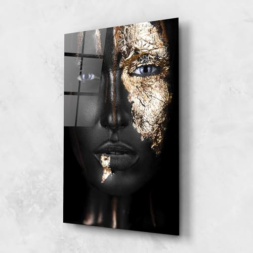 ARTHUB® Glasbild 70x100 cm, 4mm ESG | Moderne Wandbilder aus Glas für Wohnzimmer & Schlafzimmer, Wanddekoration, Wohnkultur, Frauen, Golden Face