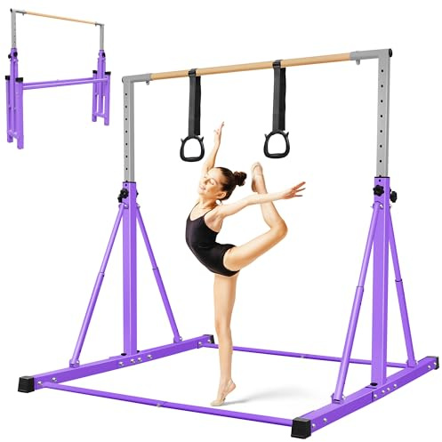 Foldable Gymnastics Bar, 105-155cm Height Adjustable Horizontal Bar, Training Bar for Kids Juniors, Safe & Sturdy Gym Equipment Ages 3-12, Play Bar with Easy Moving Wheels/Non-Slip Feet/Max Load 150kg