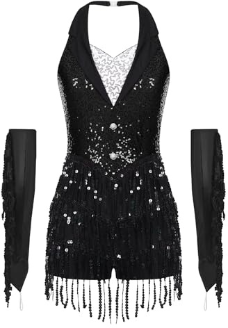 Oyolan - Vestito da donna per danza latina con guanti, costume da danza moderna, jazz, con paillette e frange, body, per carnevale, anno 20, Nero , L