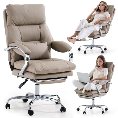 LEAGOO Home Office Desk Chairs with Foot Rest, Fully Reclining Ergonomic Executive Office Chair with Armrests, High Back PU Leather Comfy Swivel Computer Chair with Wheels and Lumbar Support, Khaki