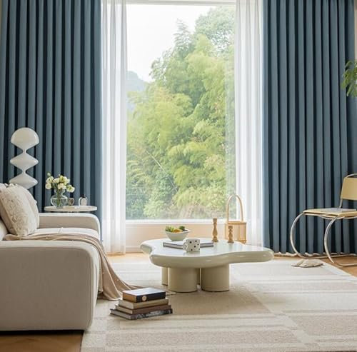 Wycian Patio Door Curtains Boho Curtains Blue Blue Cloth Solid Color with Leaves Pattern 34 W x 63 H (86X160CM)