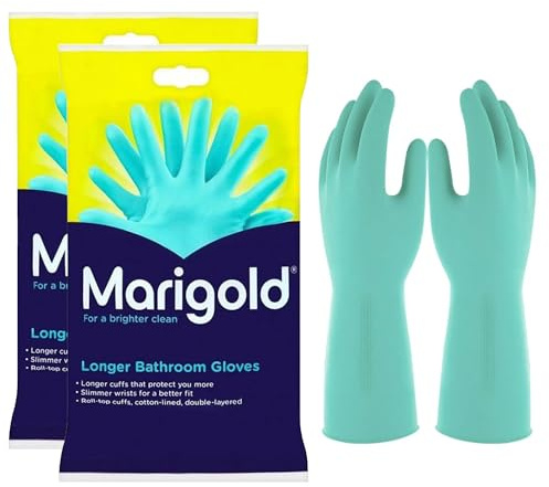 2 Pack Marigold Bathroom Gloves Large - Double Layered Longer Waterproof Cuffs With Comfortable Cotton Lining Cleaning Gloves Pair for Toilet, Bathroom, Bathtub Sink, Shower, Washing Windows