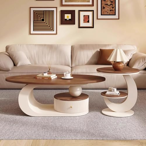 Table Basse Ensemble de 2 Tables Basses gigognes de Luxe, Table Centrale Moderne en Noyer avec tiroirs et Rangement, Salon sur Pied avec Table d'appoint Ronde for Salle à Manger(White,100CM/16.68IN)