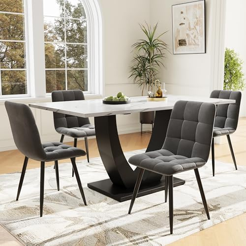 Essgruppe mit 4 Stühlen, Esstisch-Set 5-teilig, modernes Küchentisch-Set, U-förmiger Esstisch mit weiß marmorierter Tischplatte und schwarzen Beinen, graue Samtstühle, für Esszimmer