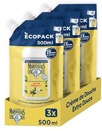 Le Petit Marseillais | Recharge Crème de Douche Extra Douce Lait de Vanille Bio (écopack de 500 ml) – 92% d'ingrédients d'origine naturelle – pH neutre pour la peau et sans colorant (Lot de 3)