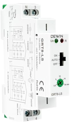 Wattive Relé Temporizador 230V, Temporizador de Luz de Escalera de Riel DIN con Retardo de 0,5-20 Minutos Interruptor de Tiempo Ajustable GRT8-LS 16A Montaje en Carril DIN