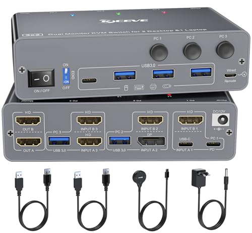 YOUTINGHDAV KVM Switch 3 PC 2 Monitor USB C HDMI DP, EDID, KVM Switch 2 Monitor 1 Laptop 2 PC, 73W PD, USB 3.0, 4K@60Hz, Aluminum, Wired Remote(4K USB-C DP HD 3 in 2 out)