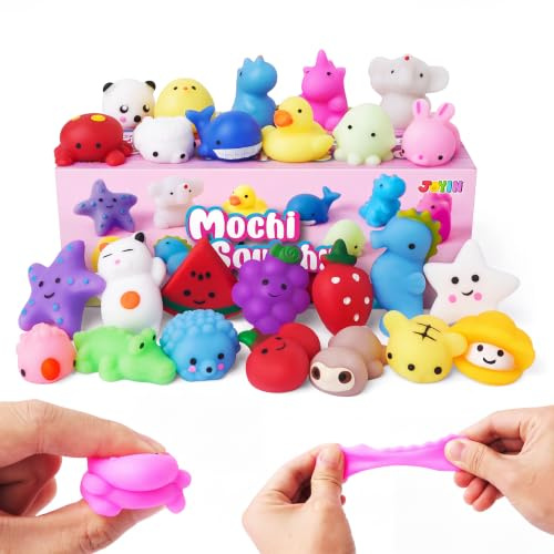 JOYIN 25 Pack Mini Mochi Squishy Toys, Kawaii Animal Squishies for Stress Relief with Storage Box, Soft Squeeze Fidget Toys, Ideal Party Bag Fillers for Boys and Girls, Birthday Favours and Gifts