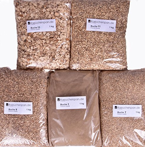 Räucherspäne Räuchermehl, Buche, 5kg, 5 Typen a 1kg Zum Kalt- und Heißräuchern, Sparpaket