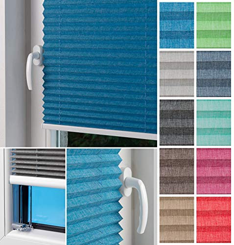 Home-Vision® Plissee Faltrollo ohne Bohren zum Kleben, Innenrahmen, Kollektion Melange Leinenoptik Blickdicht Sonnenschutz Jalousie für Fenster & Tür (Blau,B80cm x H100cm)