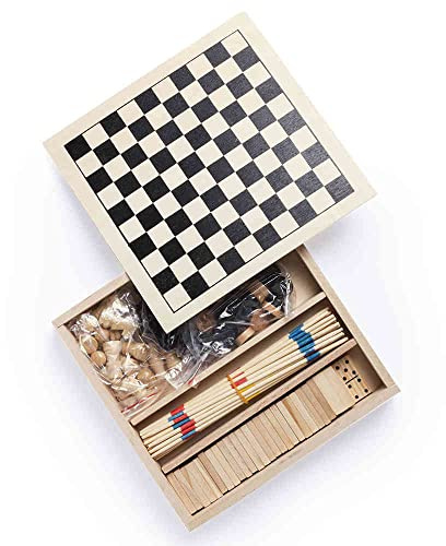 ANTEVIA Matériaux Assortiment 4 Jeux de société Voyage : Mikado - Échecs - Dames et Dominos avec Boite de Rangement Plus DE 10 MODÈLES Bois Voyage Classique (Xigral)