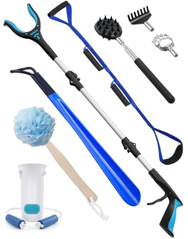 Kekoy Knie Hüft-Op Reha Set 8 Stück, Anziehhilfen einschließlich 91cm Greifer, Sockenanziehhilfe, 48cm Schuhlöffel, Beinheber, Badeschwamm, Rückenkratzer, Anziehhilfe Nach Hüft Op für Senioren(Blue)
